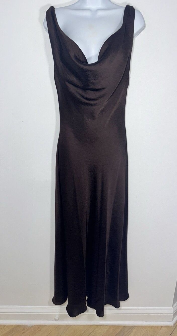 Zara Dress Women Medium Chocolate Brown Satin Cowl Neck Backless Maxi Slip Gown